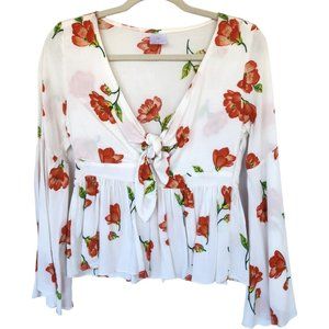 Floral Bell Sleeve Peplum Tie-Front Blouse by FOLKAH Women's Size Small